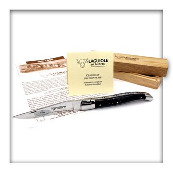 Laguiole en Aubrac Taschenmesser 12 cm, Backen Edelstahl glänzend, Griff Büffelhorn mit Holzetui